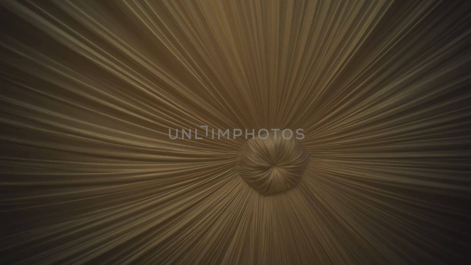 Gossamer fabric panels cascading, merging into sculptural centerpiece, creating ethereal canopy for wedding event backdrop design