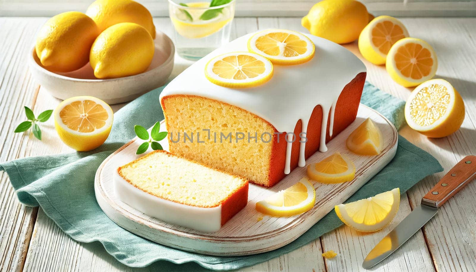 A beautifully presented lemon pound cake, sliced to reveal its soft, golden crumb. The cake is topped with a glossy white glaze and adorned with fresh lemon slices, arranged on a rustic wooden cutting board. The bright and airy scene includes whole lemons and a teal napkin, creating a fresh, summery atmosphere. The natural lighting highlights the cake’s inviting texture and the shine of the glaze, making it perfect for a sunny day treat.