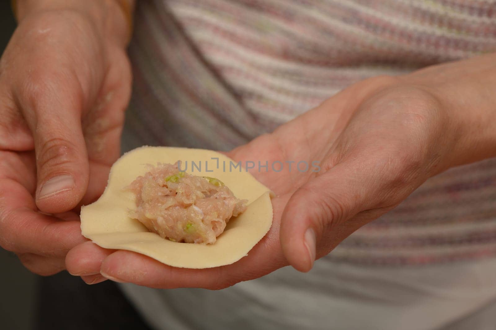 Hands skillfully prepare dumplings, filling a thin dough circle with a savory mixture. The inviting kitchen atmosphere enhances the joyful cooking experience.