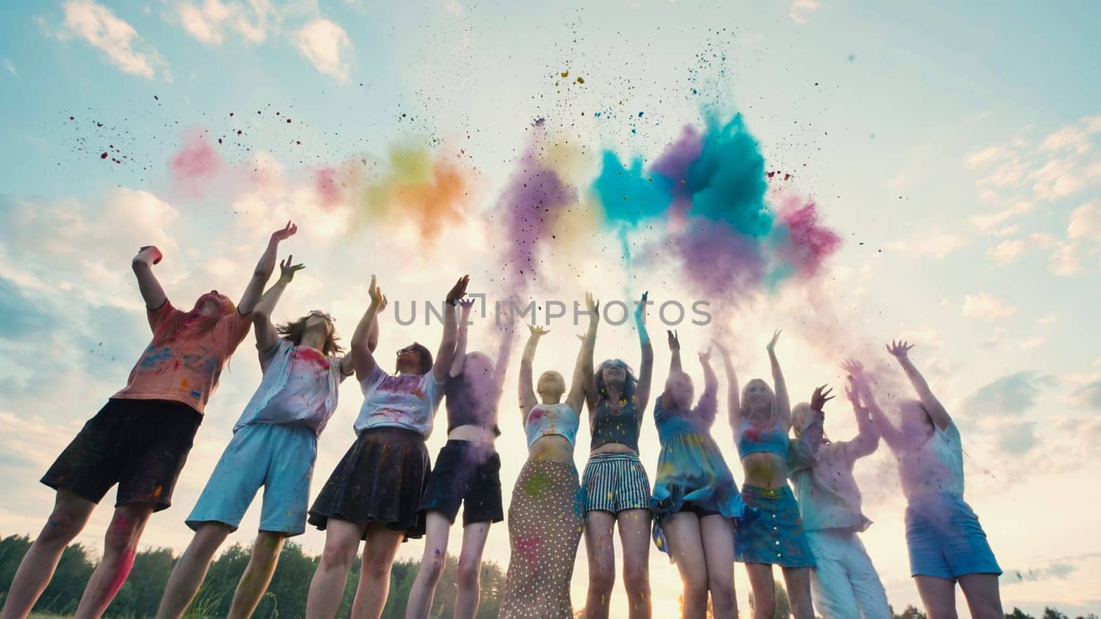 Young students celebrating the end of school by throwing colorful powder in the air in a group