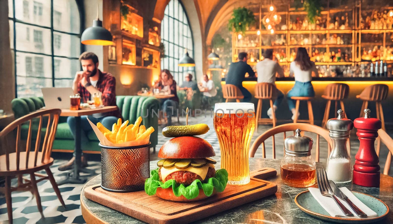 A bright, inviting cafe features a gourmet burger with lettuce, cheese, and pickles on a wooden board. The meal includes a small basket of golden fries and a refreshing glass of beer. In the background, other patrons are seen working on laptops, creating a cozy yet productive atmosphere.