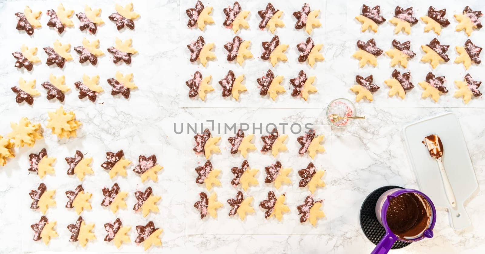 A complete overhead view of decorated snowflake sugar cookies arranged in rows, surrounded by melted chocolate and crushed peppermint, presenting a finished look for the holiday treats.