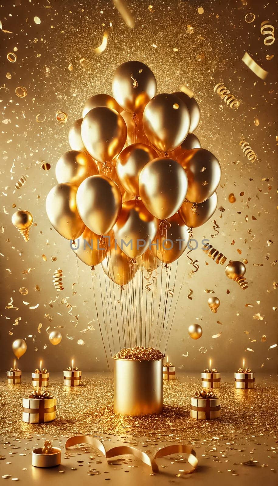 Golden balloons shimmer under soft lighting in a grand ballroom, surrounded by glistening confetti. The elegant setting and warm atmosphere evoke a sense of grandeur and celebration.