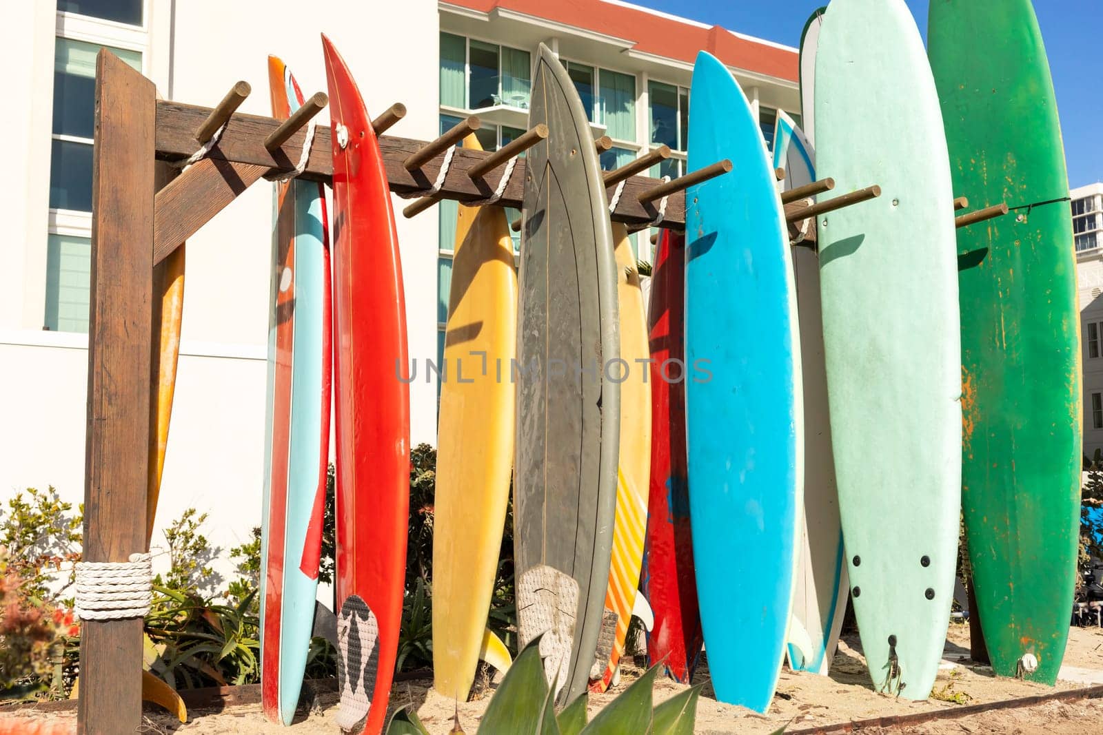 Many Surfboards On Stand Outdoor. Colorful Soft Foam And Wooden Construction Classic Surfboard Longboard Or Malibu. Horizontal. Sunny Day, Seashore Or Ocean. Nobody. High quality photo