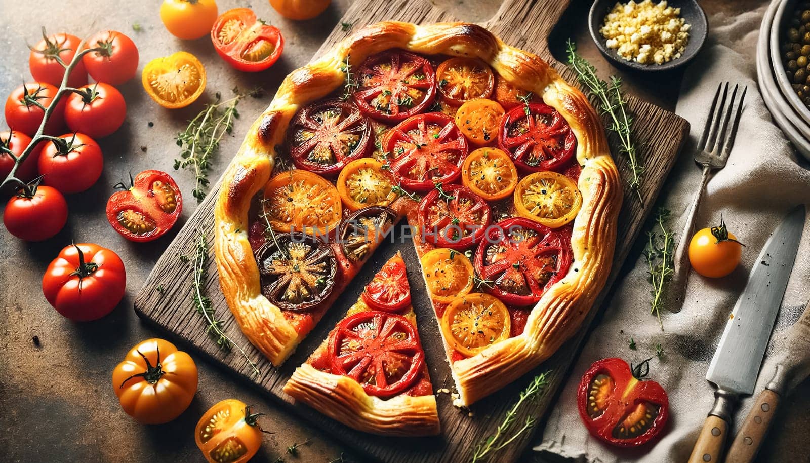 These images showcase a beautifully sliced tomato tart, featuring a golden, flaky puff pastry crust topped with vibrant roasted heirloom tomatoes. The tart is sliced into neat portions, revealing the buttery layers of pastry and juicy, slightly charred tomatoes. Crumbled feta and fresh thyme sprigs add texture and color to this rustic dish.