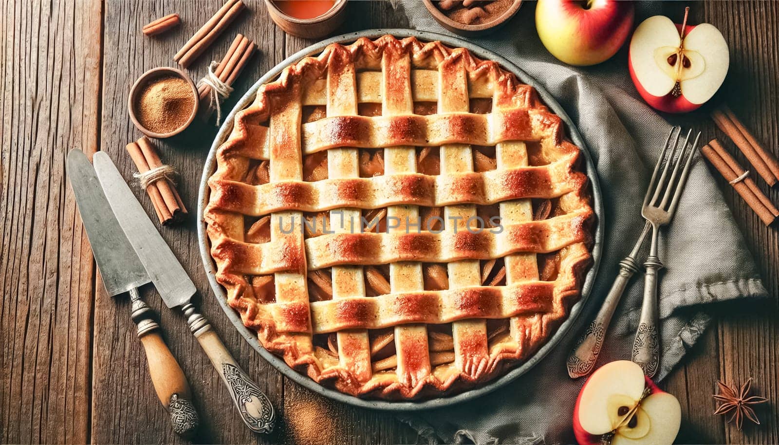 These images showcase a beautifully baked apple pie with a golden lattice crust, set on a rustic wooden table. The apple filling slightly oozes through the crust, surrounded by fresh apples, cinnamon sticks, and vintage cutlery, creating a warm, cozy, and inviting autumn atmosphere.