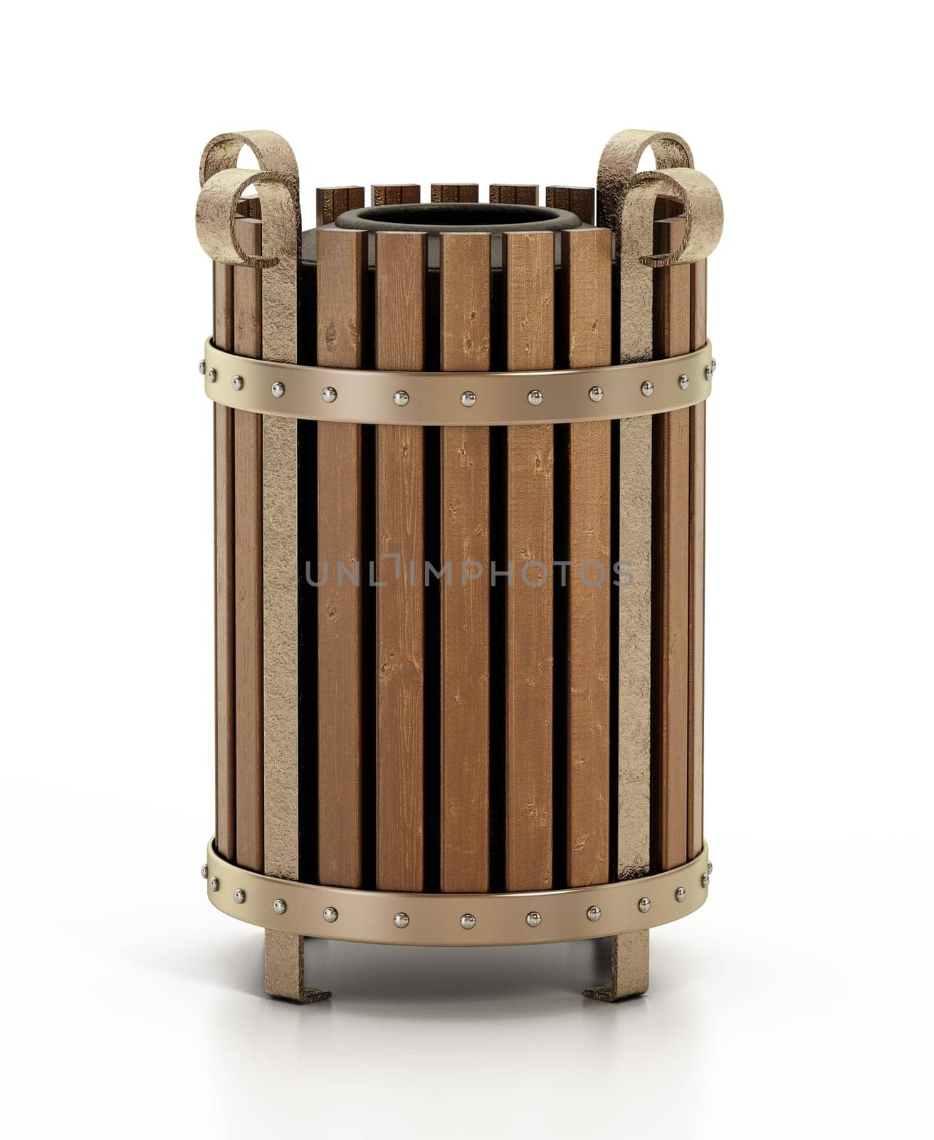 Wooden trash bin isolated on white background. 3D illustration.