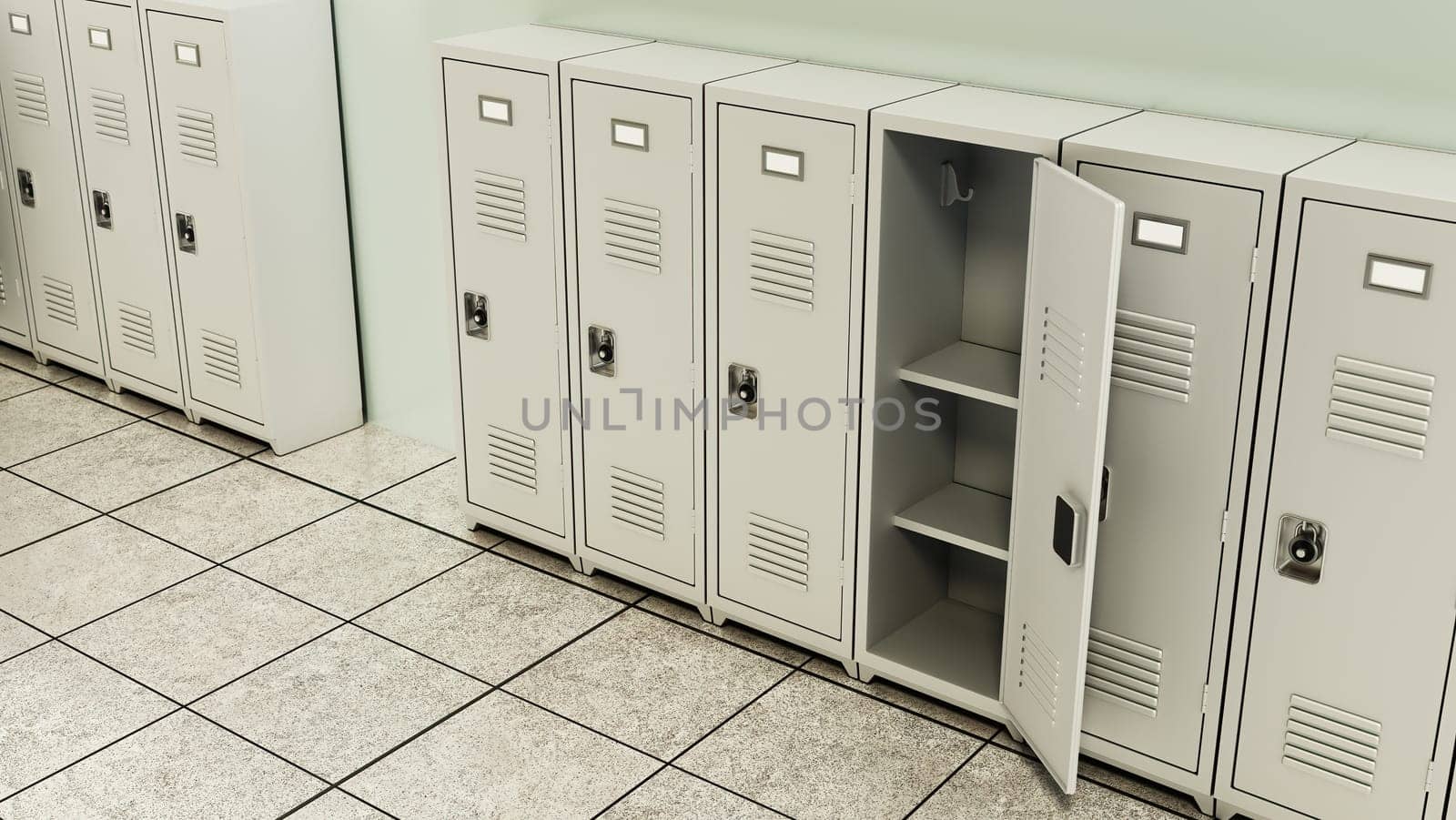 Metal locker storage cabinets for school, fitness club or gym in a row. 3D illustration.