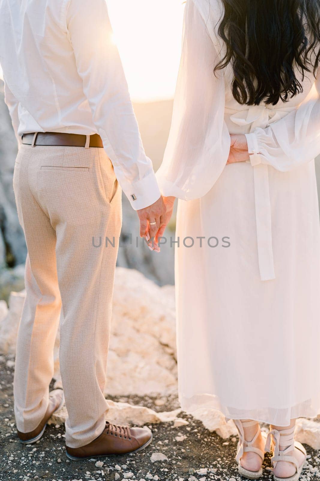Bride and groom stand on a mountain holding hands in bright sunlight. Cropped. Back view. High quality photo