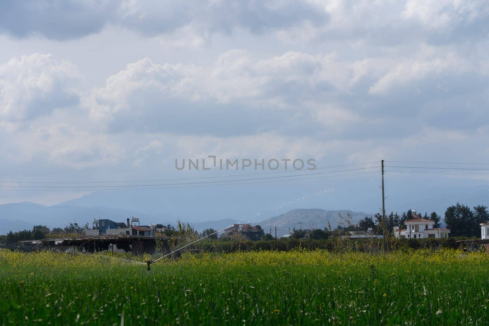 A vibrant green field stretches across the landscape, with a sprinkler in action.