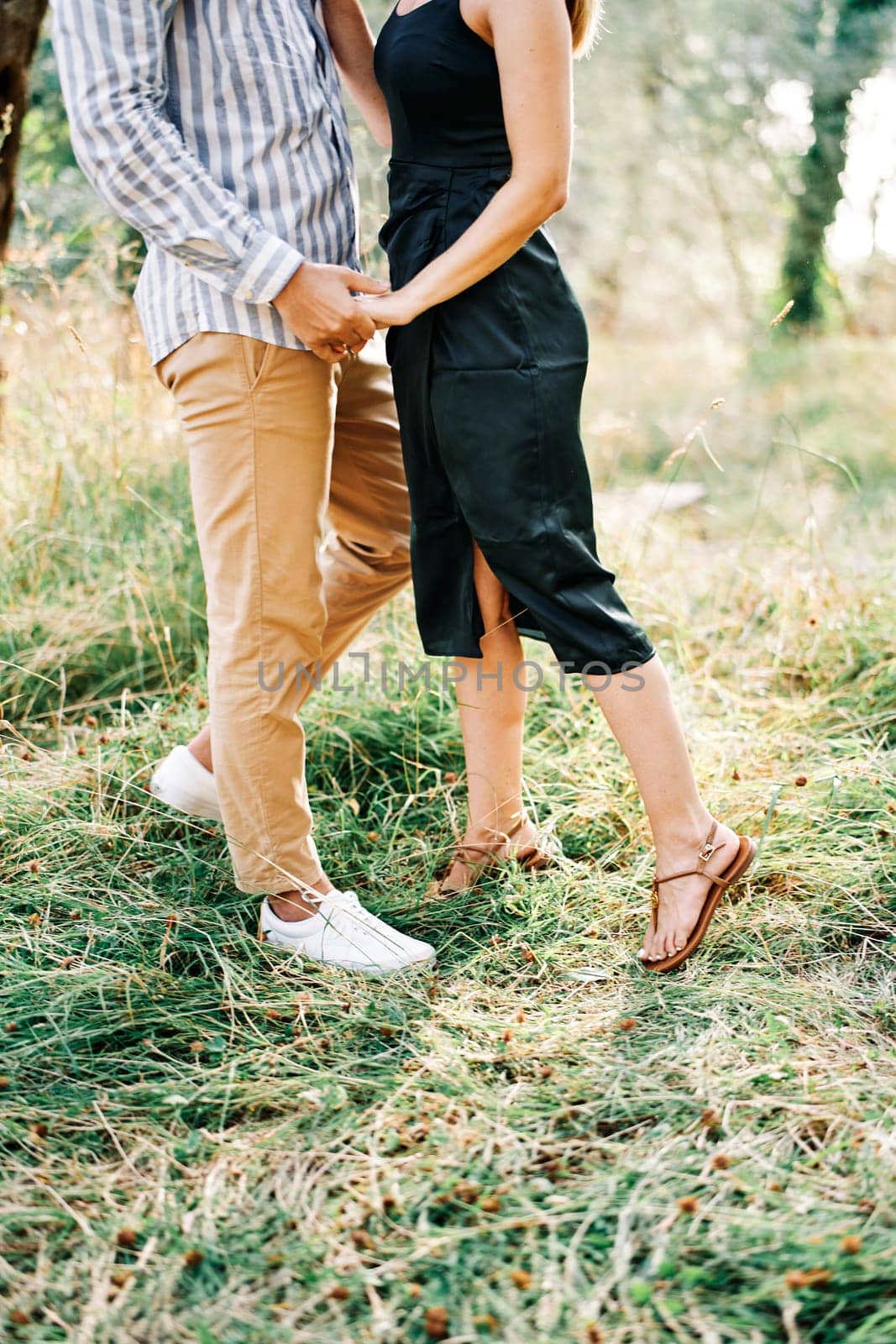 Man and woman stand holding hands in a green grove. Cropped. Faceless. High quality photo