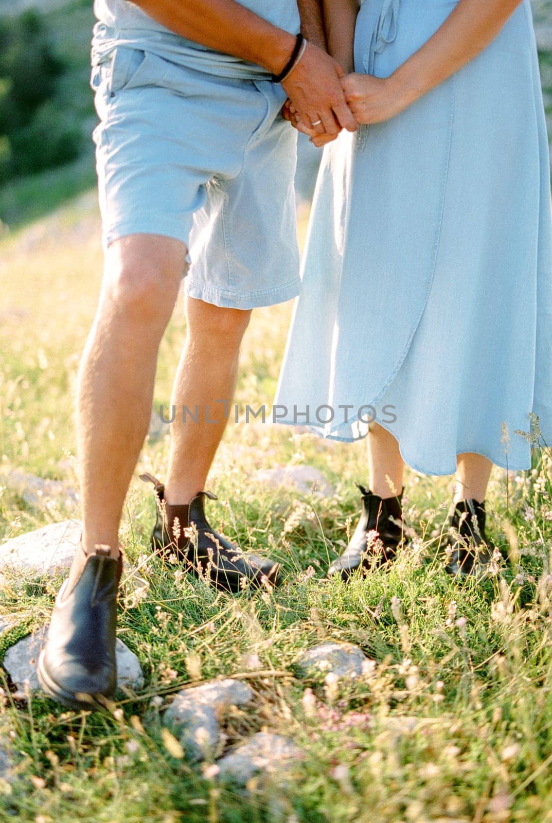 Husband and wife stand holding hands on a sunny lawn. Cropped. Faceless. High quality photo