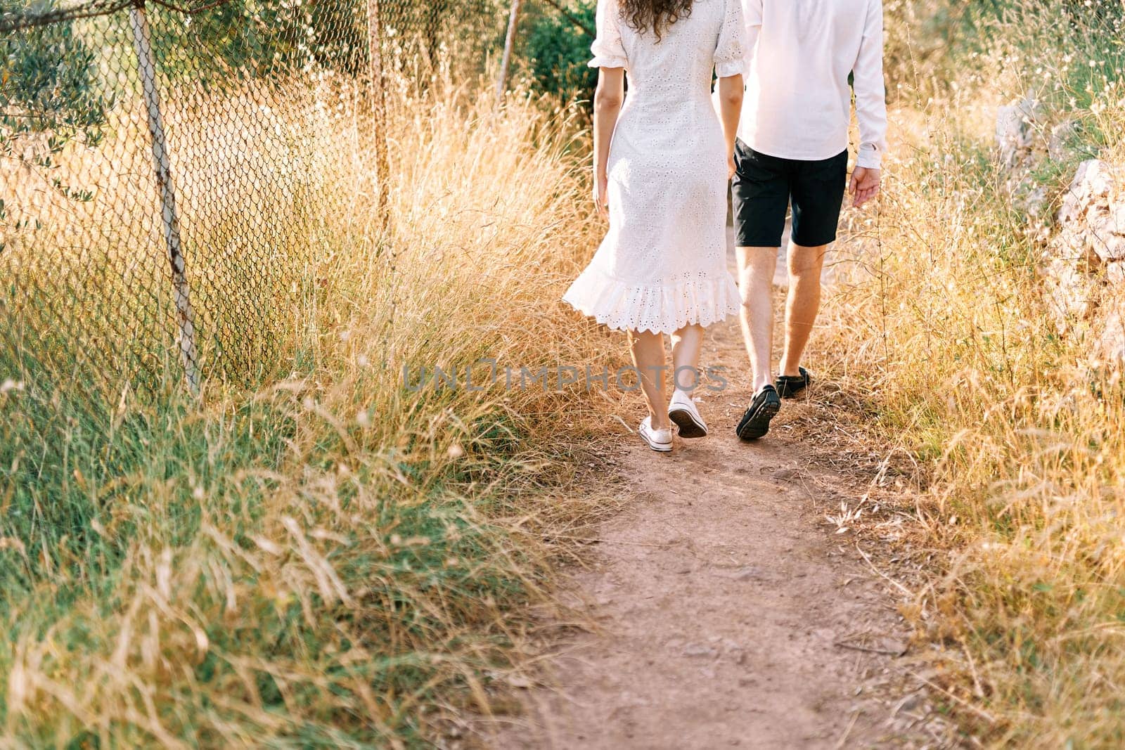 Couple walk along a country road in a field. Back view. Cropped. High quality photo