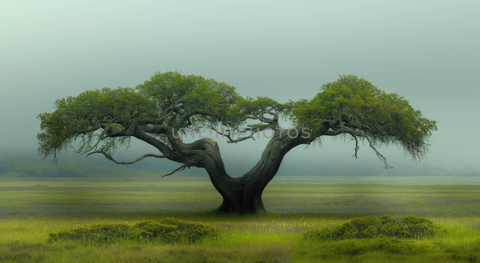 A tree having an abstract shape in a natural landscape. Selective focus.