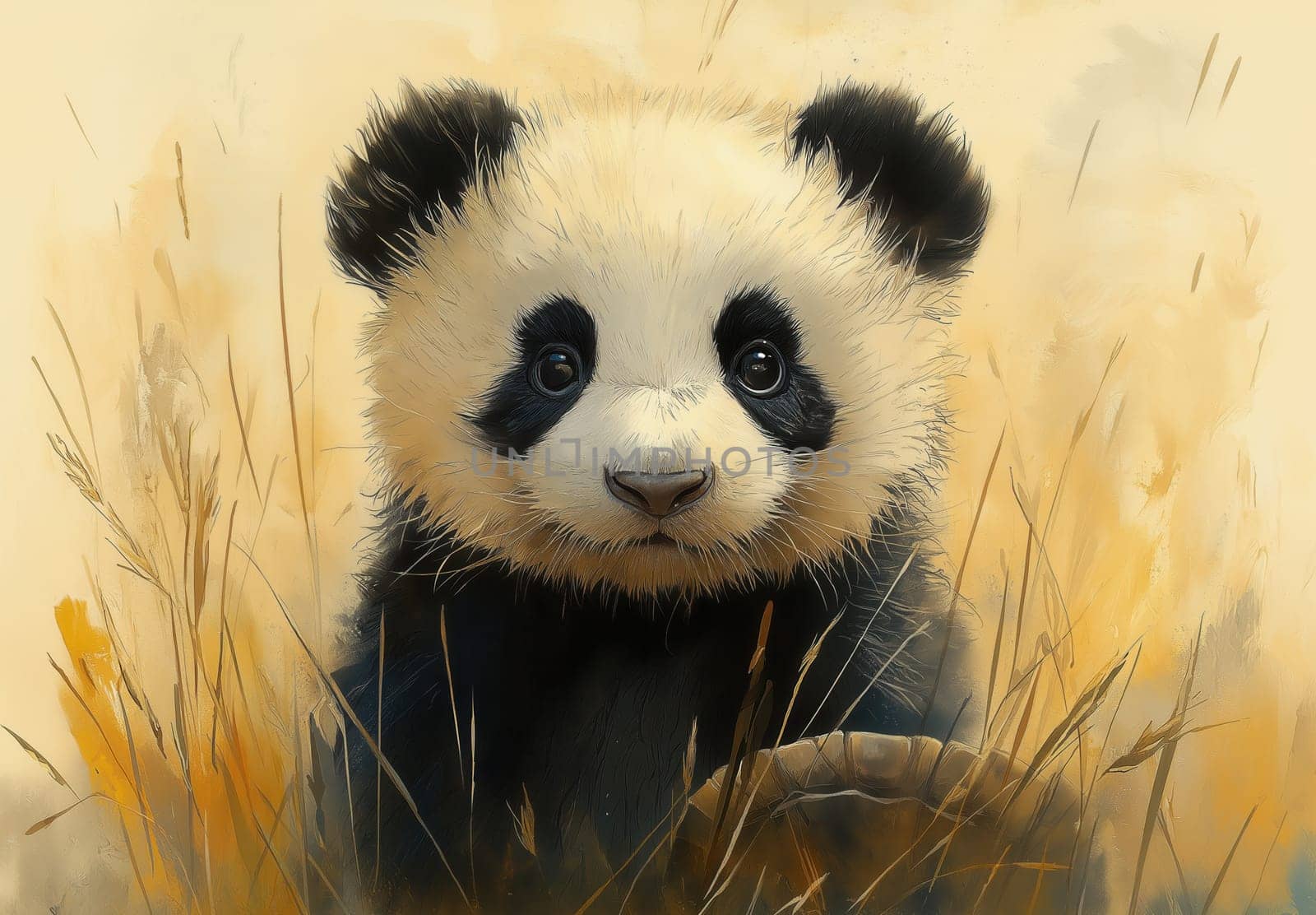 Watercolor illustration of animals, panda with turtle. Selective focus.