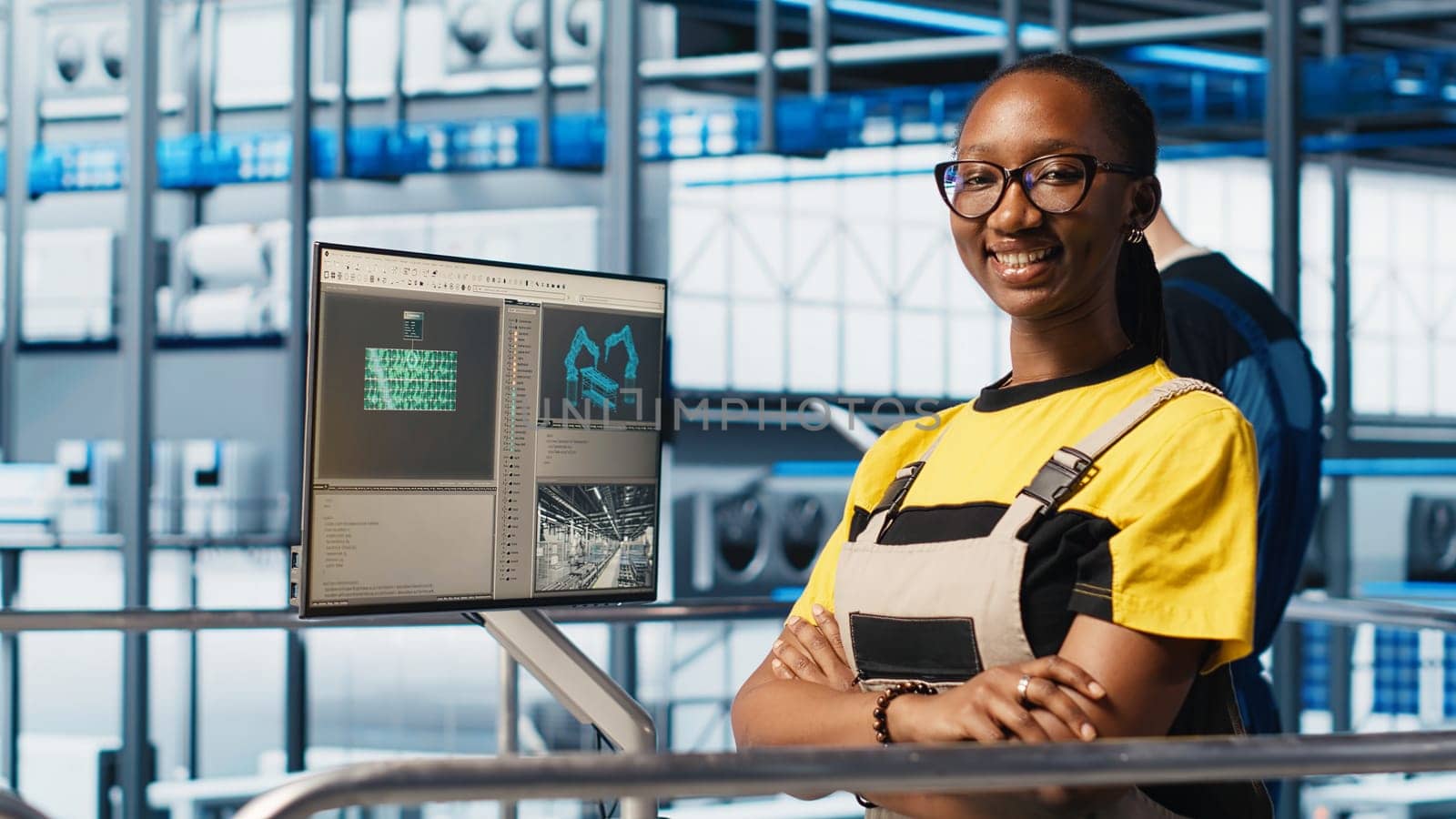 Portrait of joyous smart solar panels manufacturing factory expert working on predictive maintenance algorithms. Smiling african american woman in industry 4.0 plant overseeing facility floor