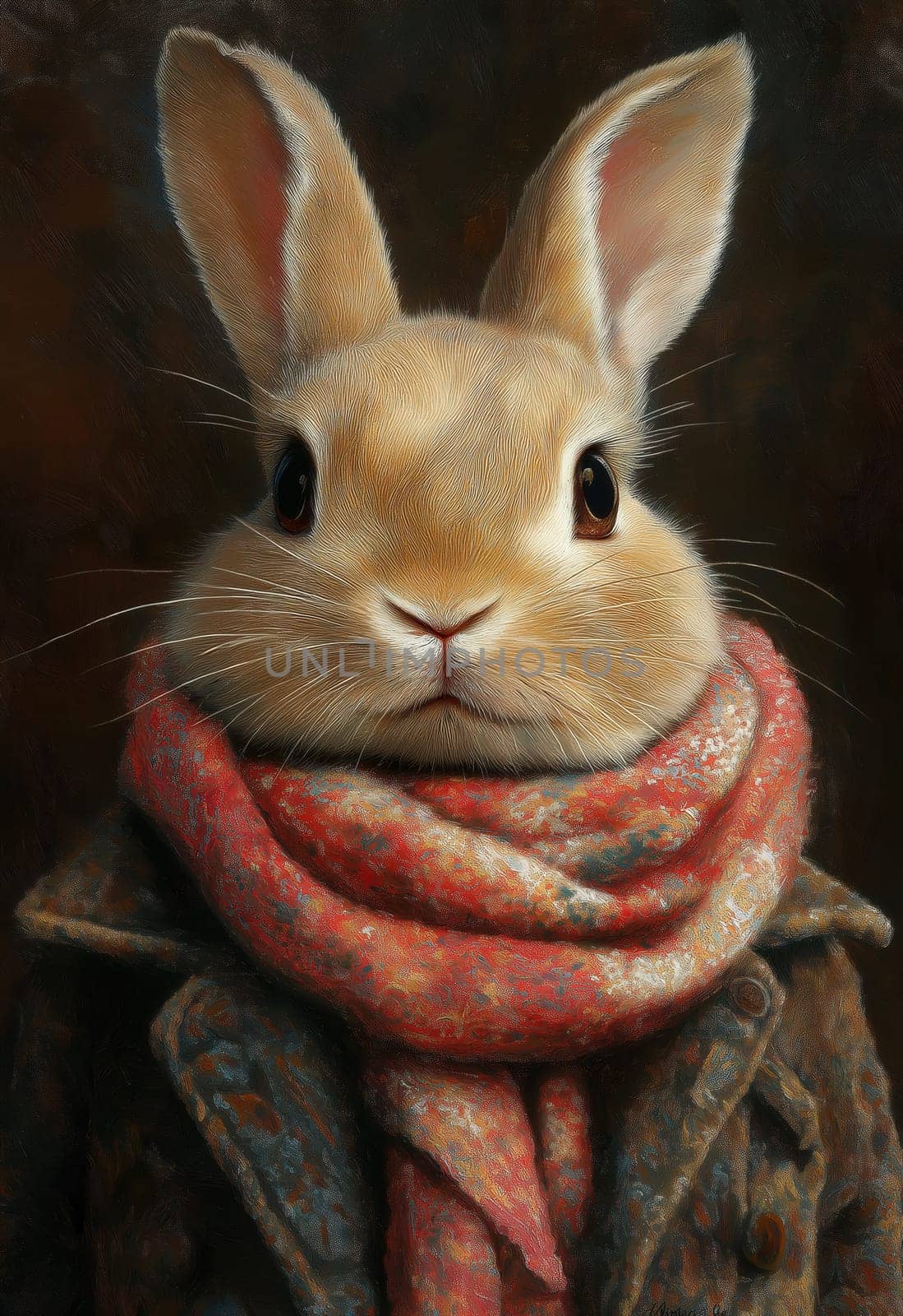 Charming cartoon hare in warm clothes. Selective focus.