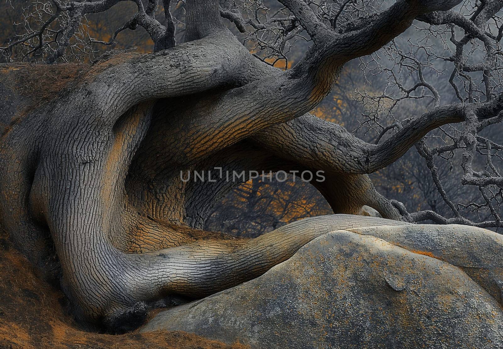 A tree having an abstract shape in a natural landscape. Selective focus.