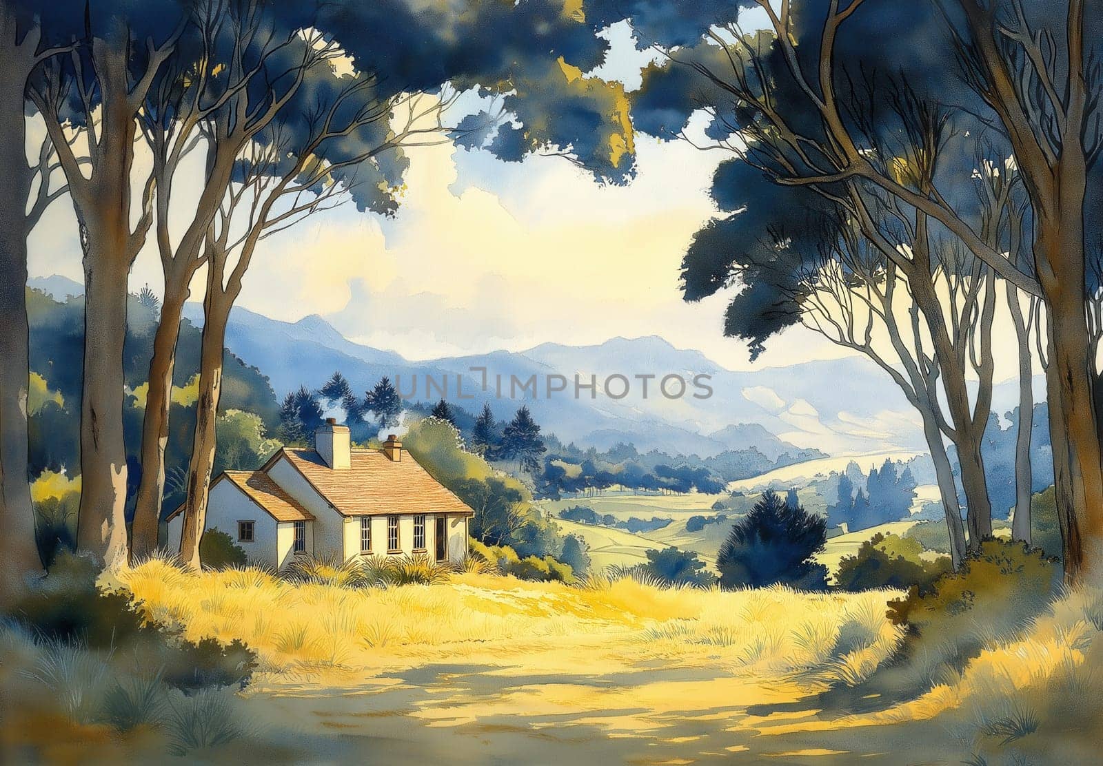 Watercolor, lonely house in a wooded area. Selective focus.