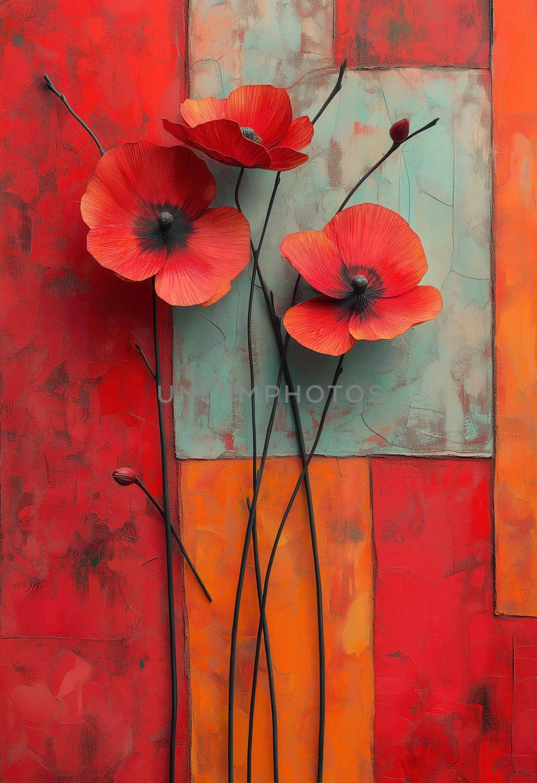 Delicate poppy flowers on a textured background. Selective focus.