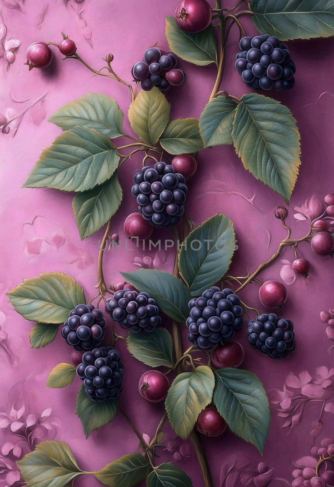 Ripe blackberries with leaves on a pink background. Selective focus.
