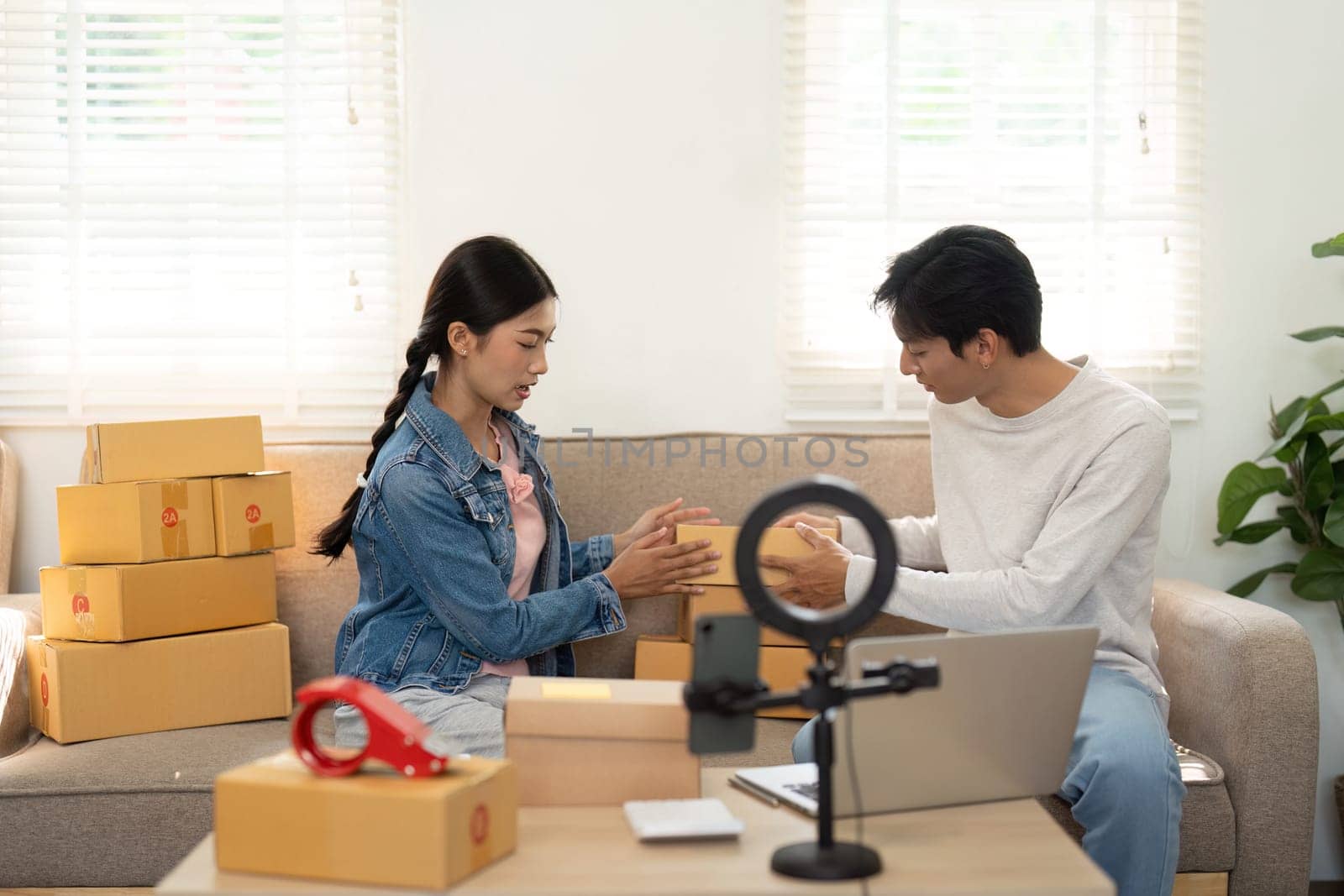 The duo sorts through their packaged products, brainstorming ideas on how to best present them for their online customers, capturing the essence of entrepreneurial spirit.