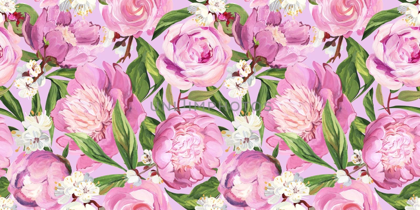 Botanical seamless pattern with peonies and sakura branches drawn in gouache for textile and design