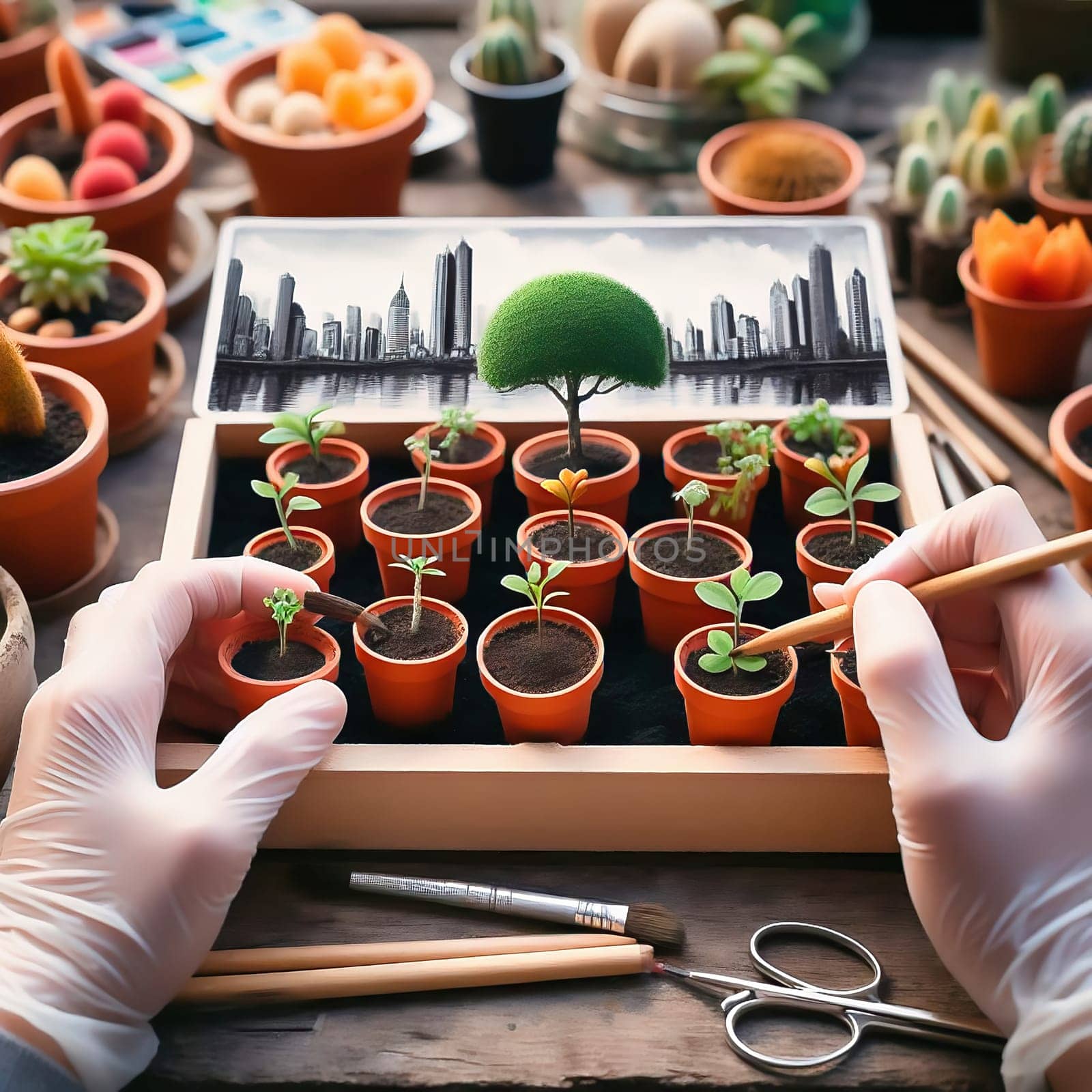 Young seedlings in terracotta pots, carefully arranged in a box. Fresh greenery under warm light - ideal for garden lovers and nature enthusiasts.