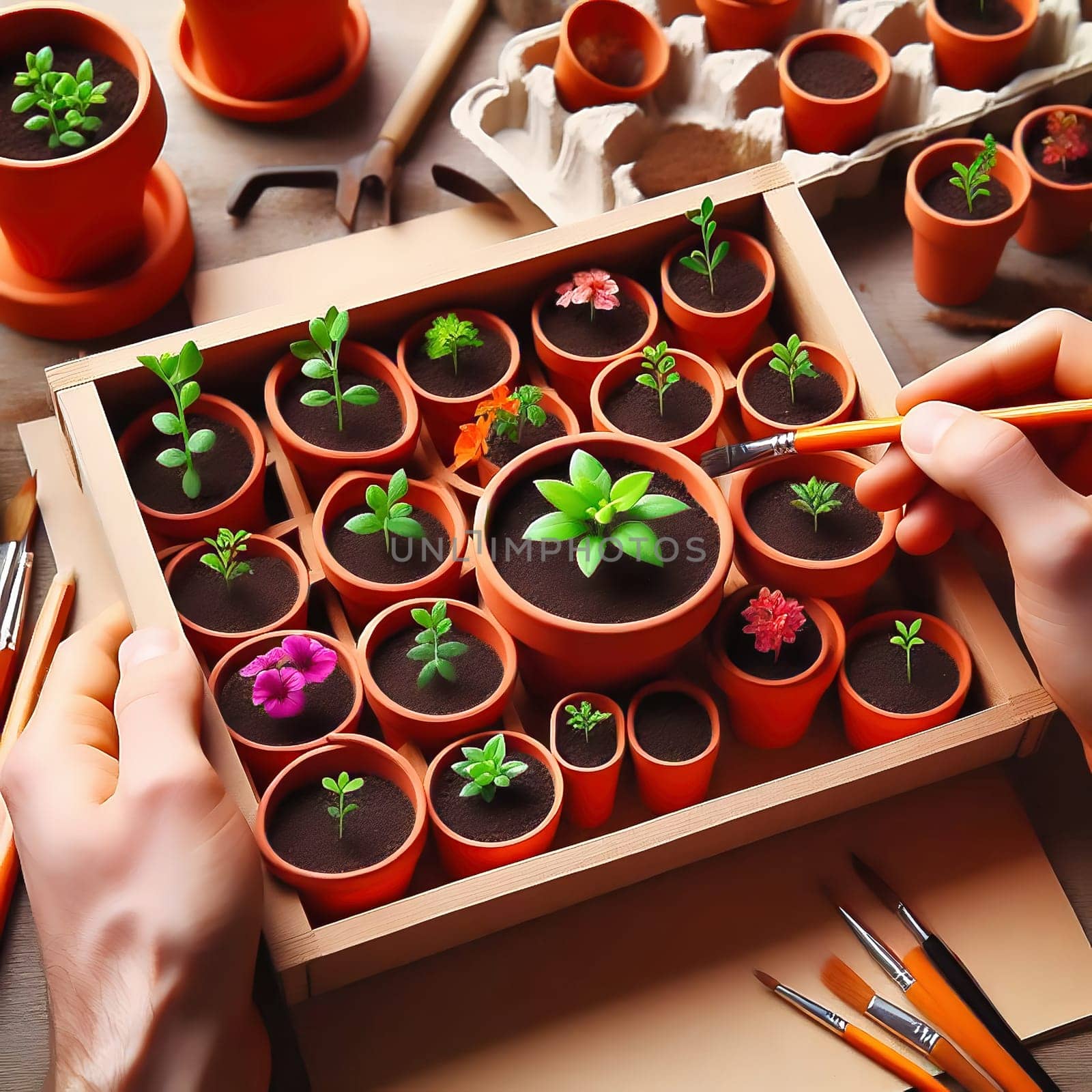 Young seedlings in terracotta pots, carefully arranged in a box. Fresh greenery under warm light - ideal for garden lovers and nature enthusiasts.
