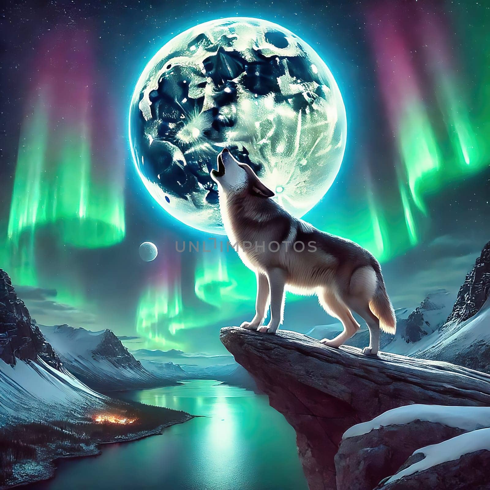 A wolf howls on a snow-covered rock in front of a glowing, mystical lunar landscape with northern lights. An imaginative, magical natural atmosphere.