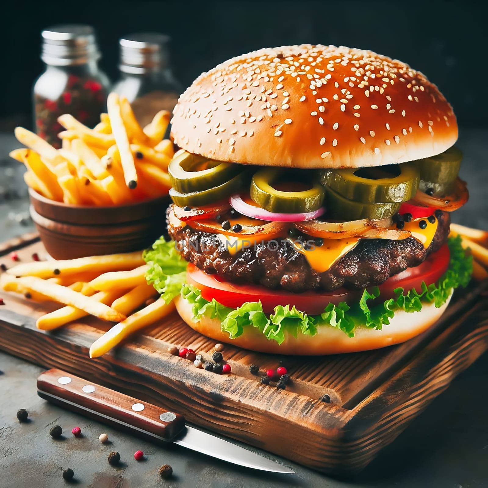 Juicy cheeseburger with crispy lettuce, tomatoes, gherkins and caramelized onions, served with golden fries on a rustic wooden board.