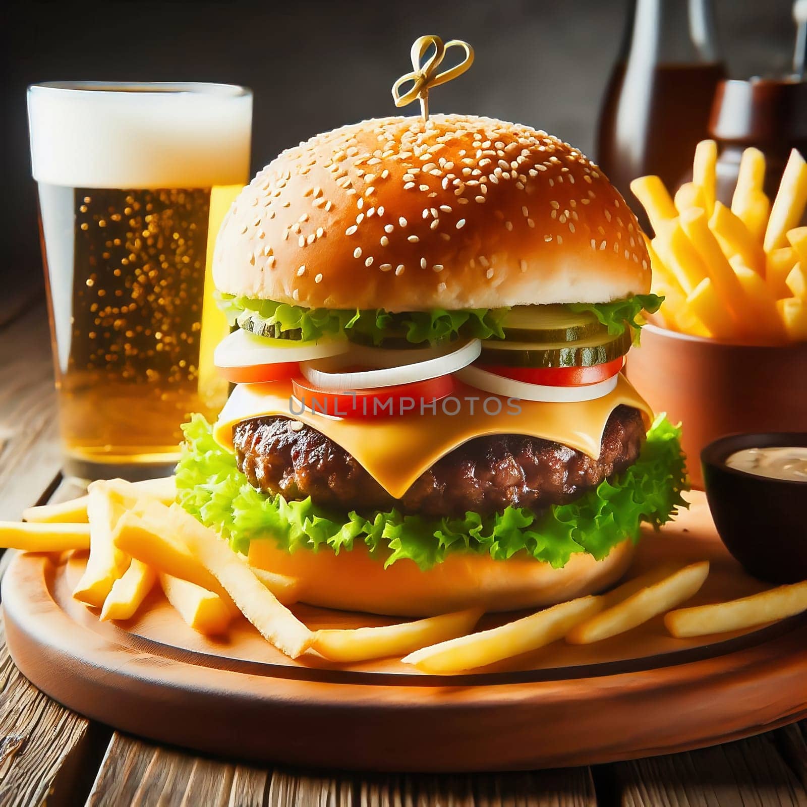 Juicy cheeseburger with crispy lettuce, tomatoes, gherkins and caramelized onions, served with golden fries on a rustic wooden board.