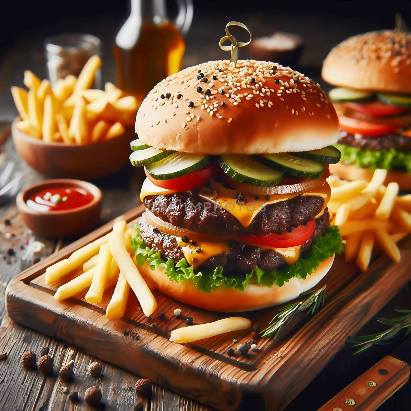 Juicy cheeseburger with crispy lettuce, tomatoes, gherkins and caramelized onions, served with golden fries on a rustic wooden board.