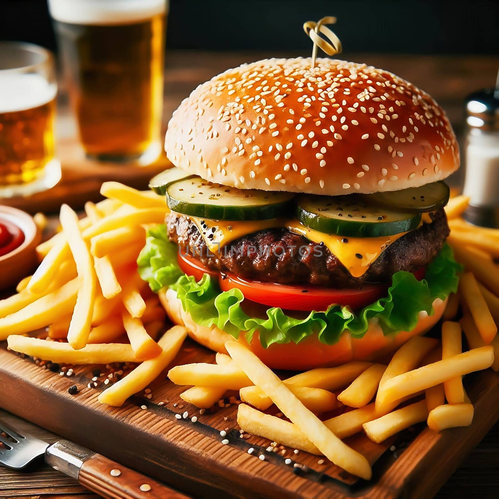 Juicy cheeseburger with crispy lettuce, tomatoes, gherkins and caramelized onions, served with golden fries on a rustic wooden board.