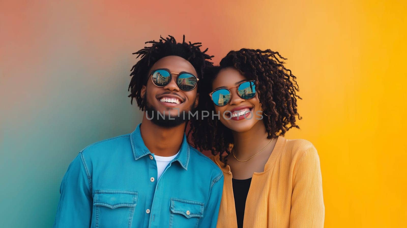 Portrait of stylish beautiful happy African woman and man, modern black American young couple smiling posing together on colorful studio background