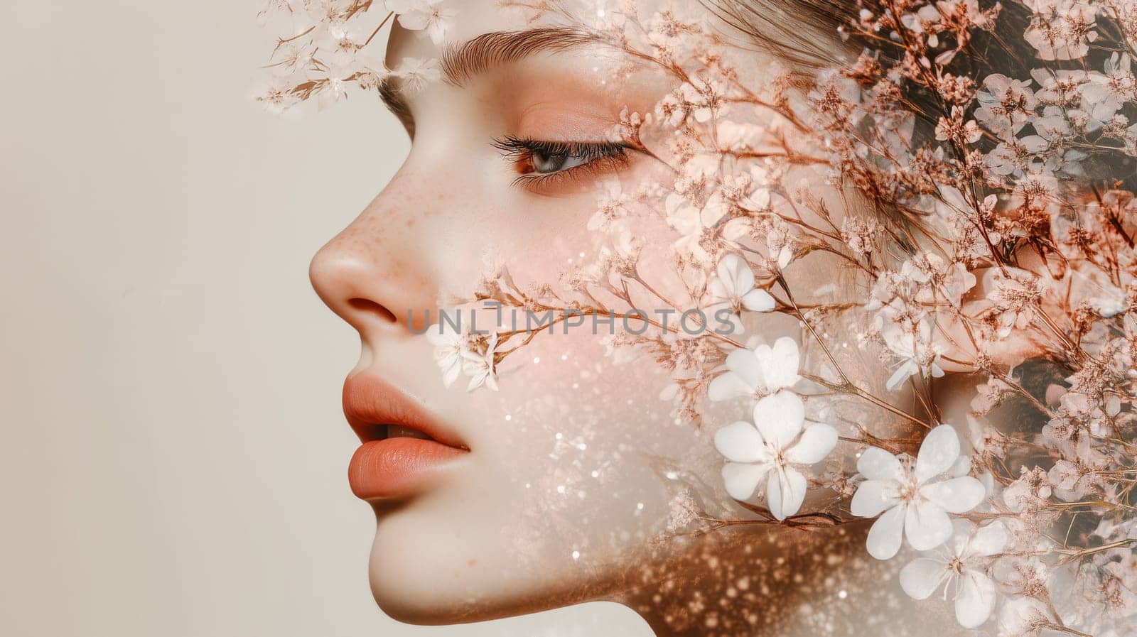 Close-up portrait of beautiful young woman, flowers natural beauty, spring floral collage background