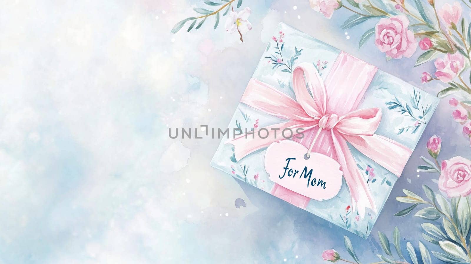 Beautiful watercolor painting of a gift box with a pink ribbon and floral design, perfect for Mother's Day greeting cards, invitations, and special occasions