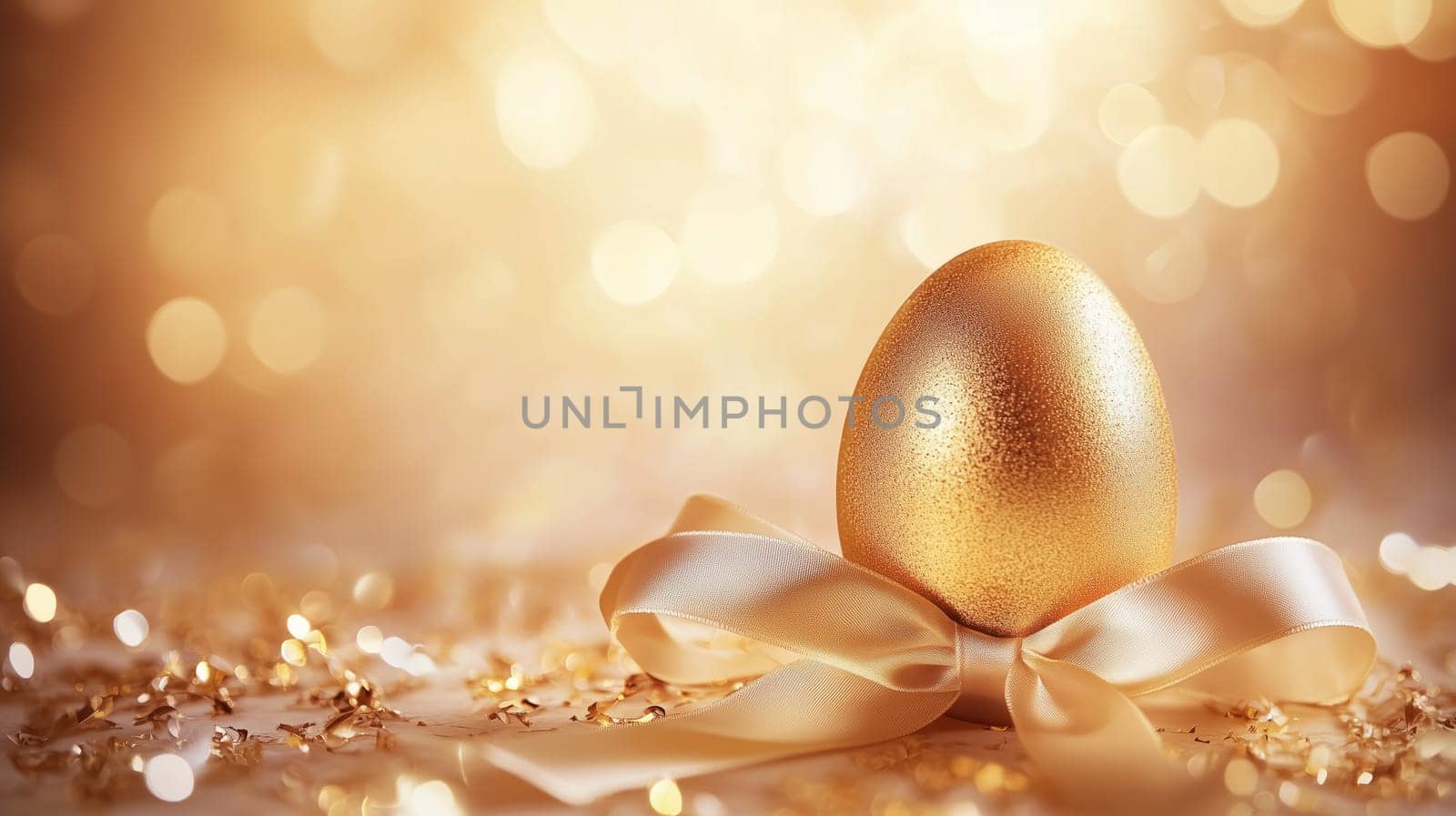 Luxurious golden Easter egg with satin ribbon on sparkling background