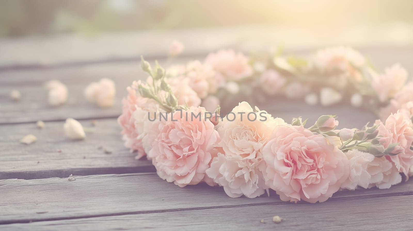 A delicate pink flower crown with soft roses and greenery placed on a rustic wooden surface. Ideal for weddings, boho-themed events, and Mother's Day