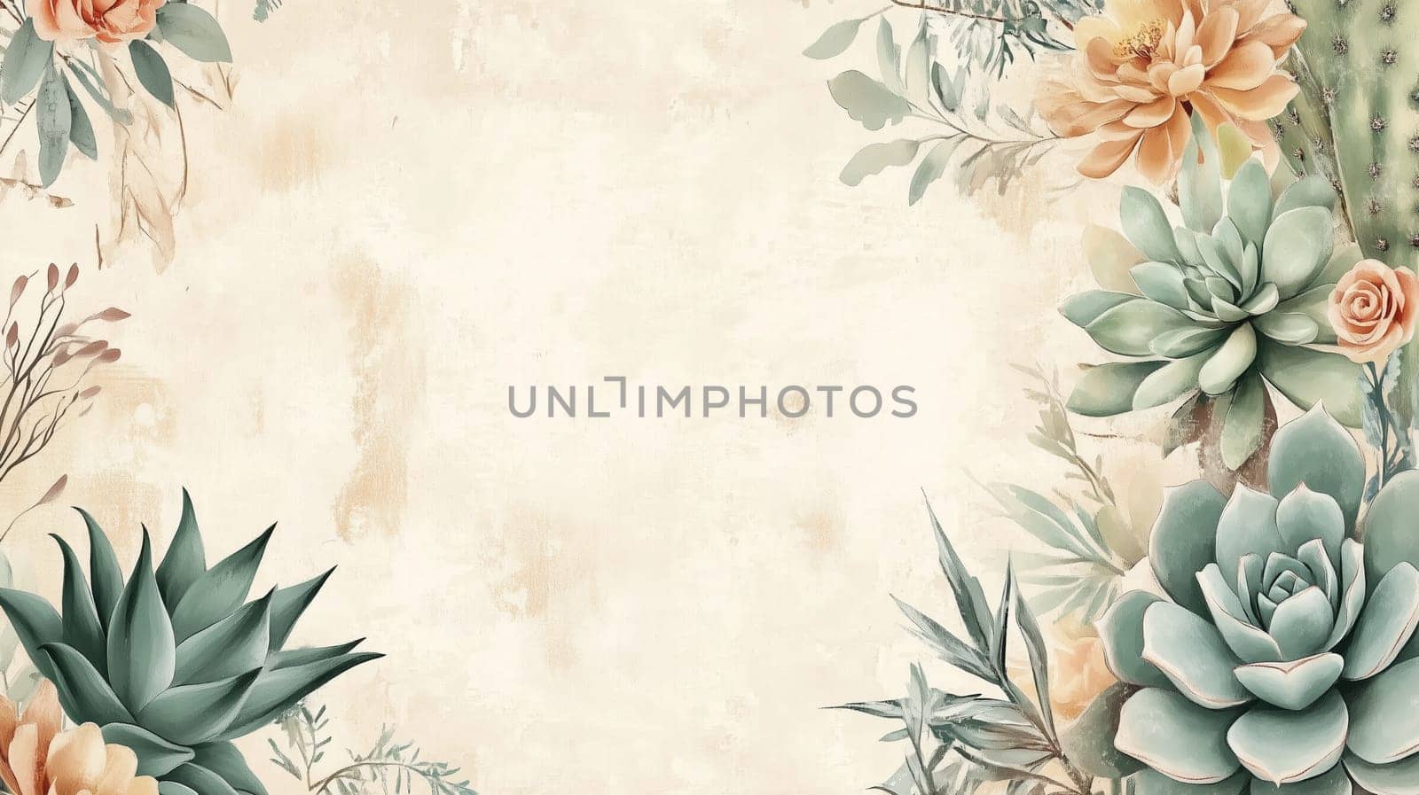 A beautifully arranged boho-inspired floral border featuring succulents, cacti, and delicate flowers against a textured vintage background. Perfect for wedding invitations, greeting cards, and decorative designs.