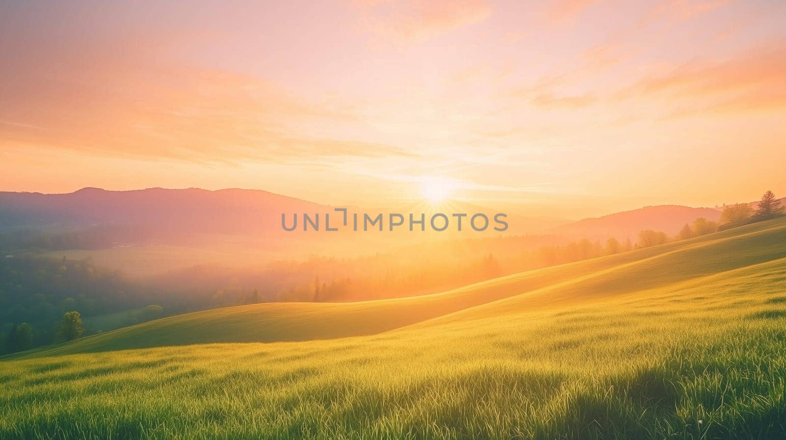 Rolling green hills at sunrise – Easter card nature background.