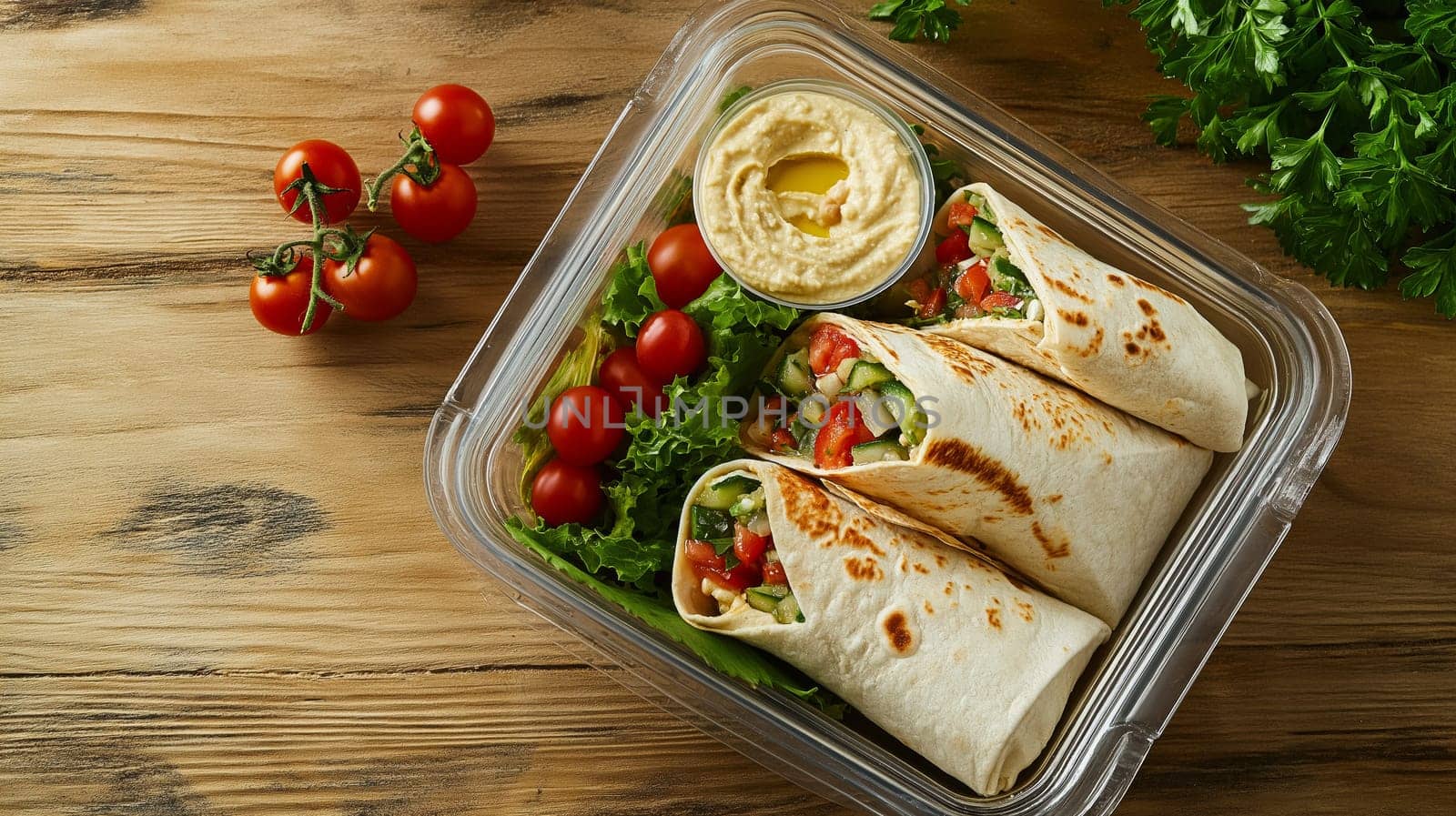A lunchbox with vegetable-filled wraps, hummus, cherry tomatoes, and lettuce. Suitable for themes of plant-based eating, meal prep, and healthy school lunches