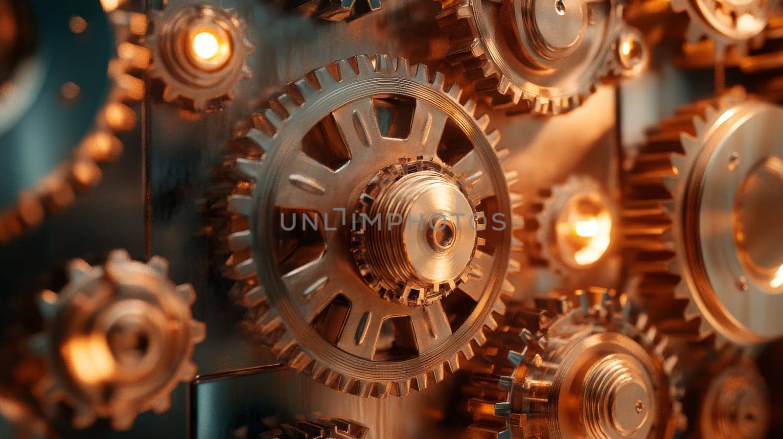 Shiny metallic gears in motion symbolizing progress and labor force.