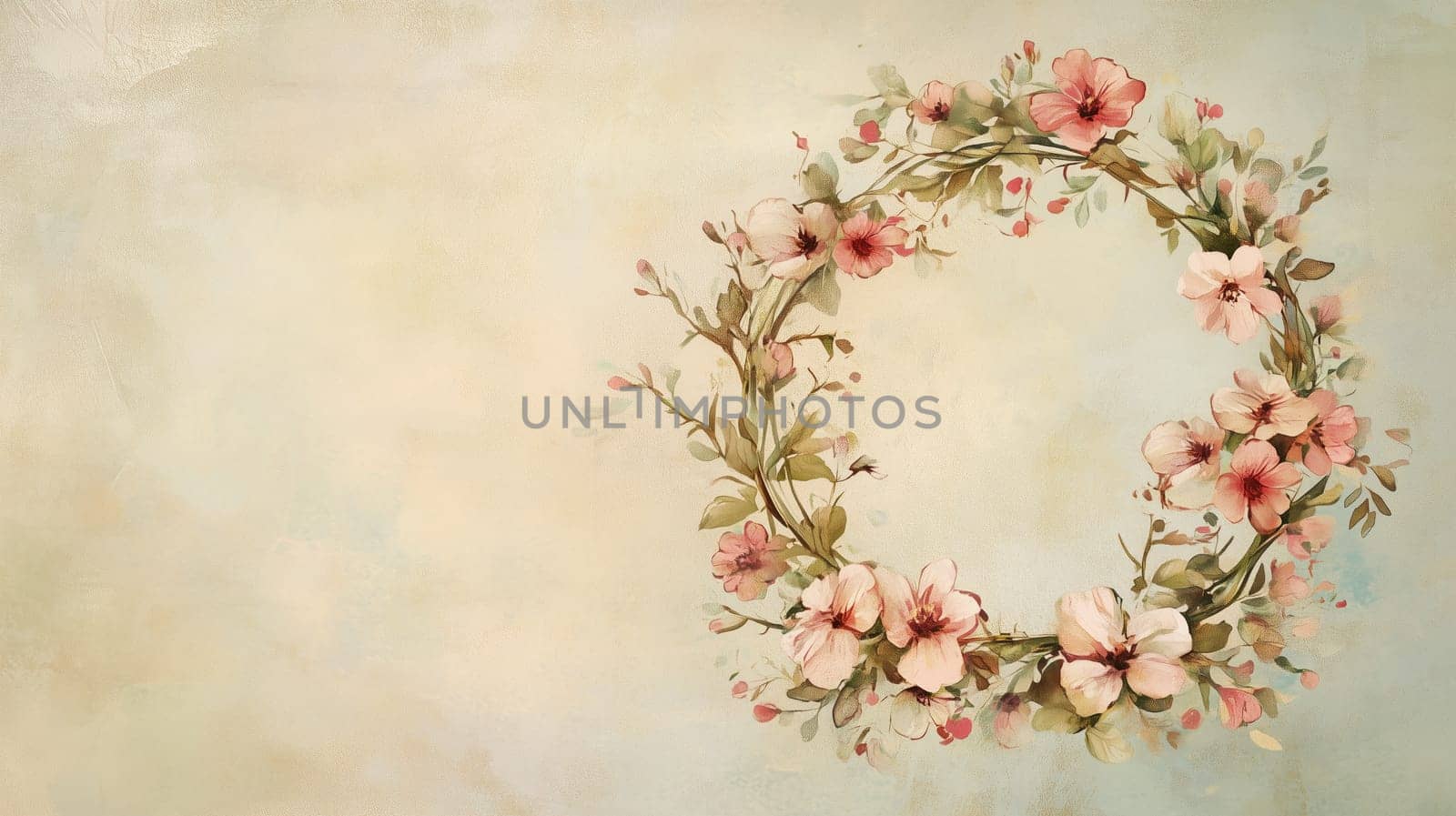 A hand-painted watercolor floral wreath with soft pink flowers on a vintage textured background. Great for greeting cards, wedding invitations, and branding