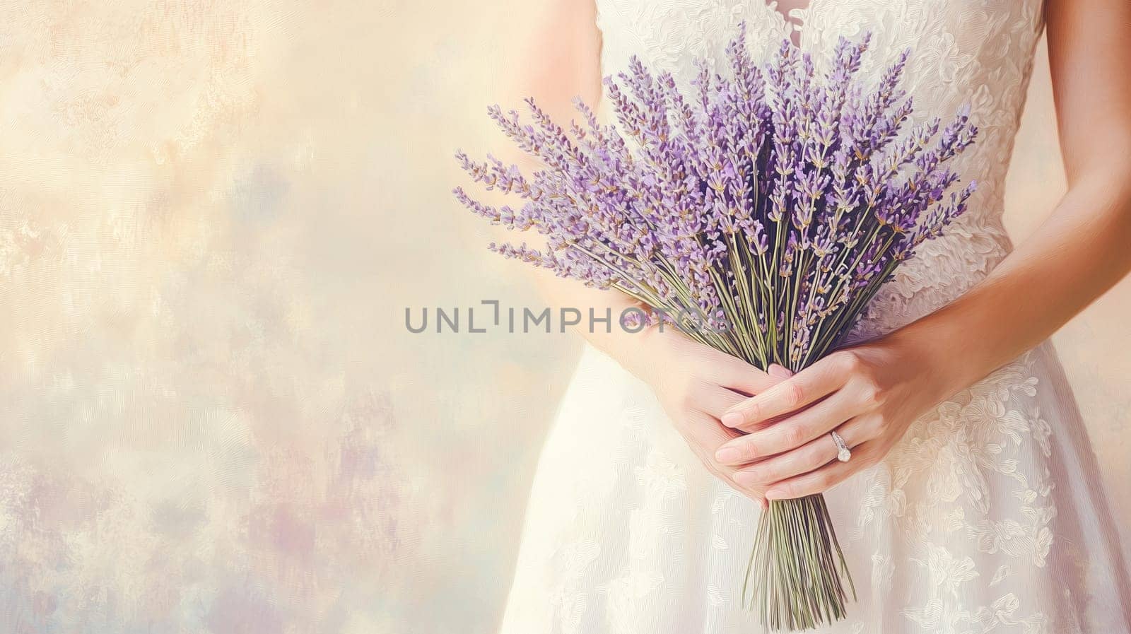Close-up of a bride’s hands holding a lavender bouquet. Ideal for wedding invitations, greeting cards, romantic designs, and bridal inspirations
