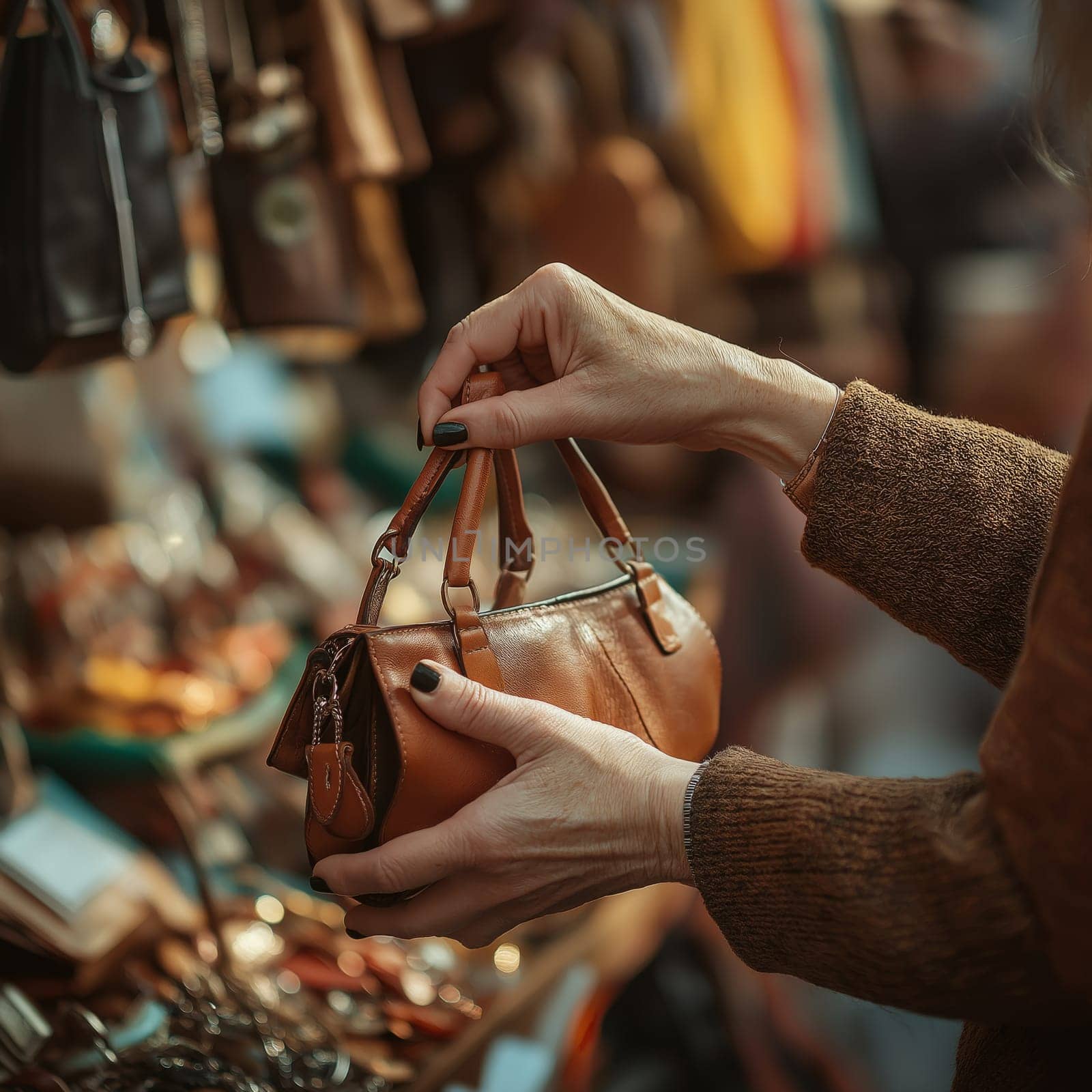 Woman browsing leather handbags at a vintage market