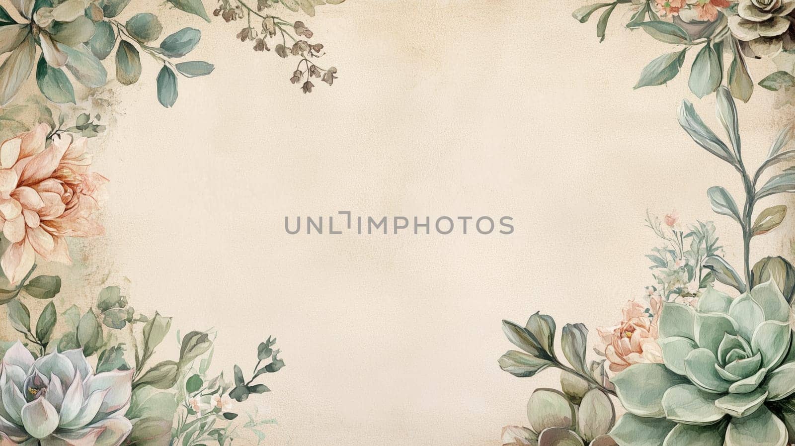 A beautifully crafted botanical illustration featuring succulents and floral elements in earthy tones, ideal for vintage-inspired wedding invitations and backgrounds.