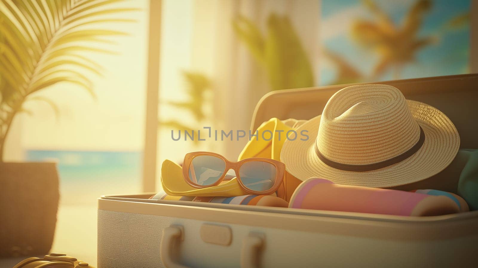 Open suitcase with sun hat and sunglasses in sunlight.