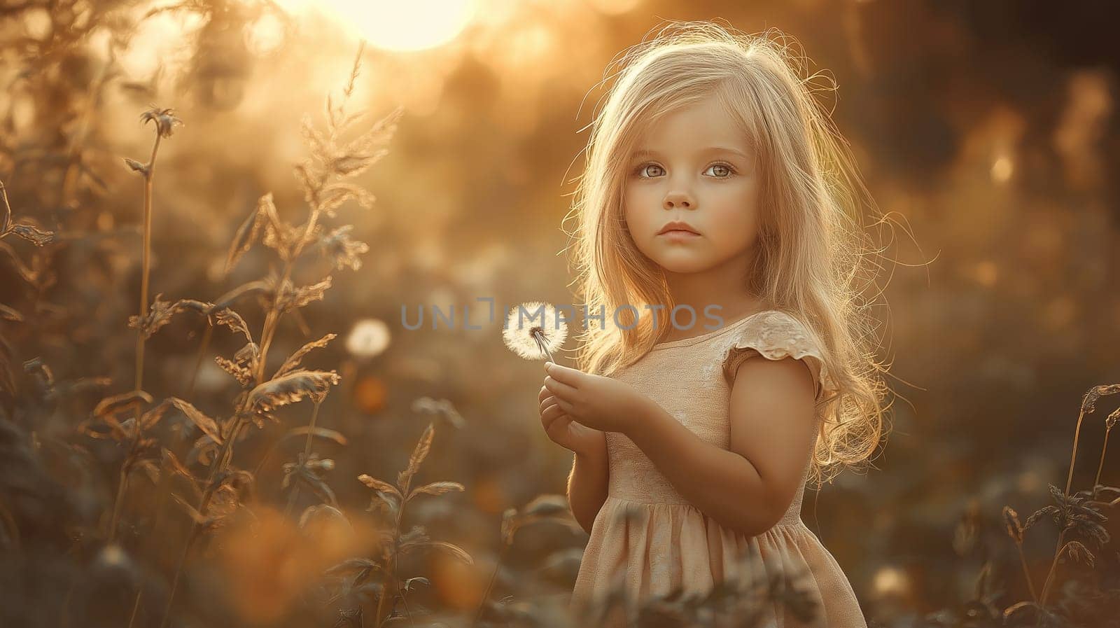 A little girl holding a dandelion in a meadow. Ideal for children's photography, storytelling, and nature themes. Spring vibes