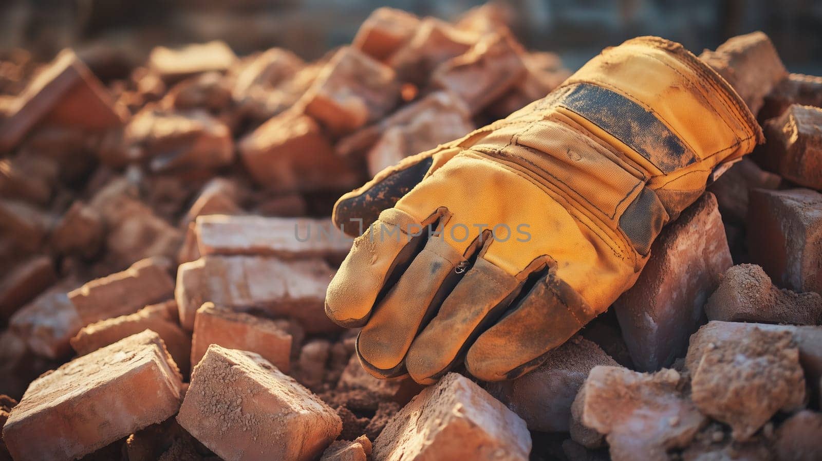 Worn-out work glove on rubble representing hard labor and dedication.